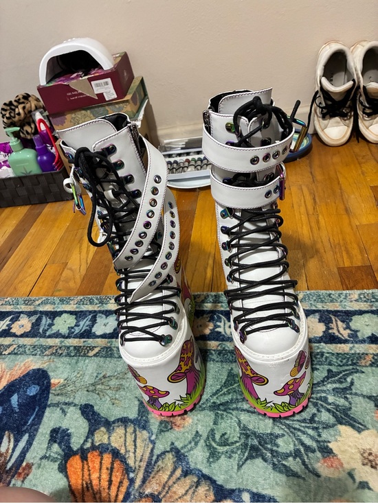 Dolls Kill Shoes - Dolls Kill White Platform Lace-Up Boots with Pink & Yellow Mushroom Print
